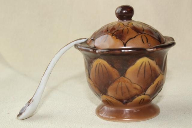 photo of tiny china jam pot, little brown pinecone jar w/ spoon hand painted Made in Japan #6