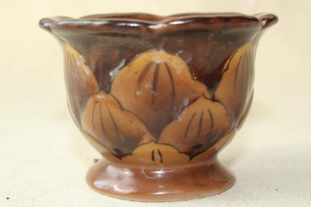 photo of tiny china jam pot, little brown pinecone jar w/ spoon hand painted Made in Japan #7