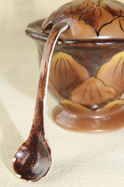 photo of tiny china jam pot, little brown pinecone jar w/ spoon hand painted Made in Japan #8