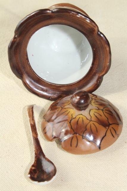 photo of tiny china jam pot, little brown pinecone jar w/ spoon hand painted Made in Japan #9