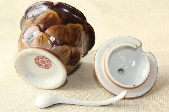 photo of tiny china jam pot, little brown pinecone jar w/ spoon hand painted Made in Japan #10