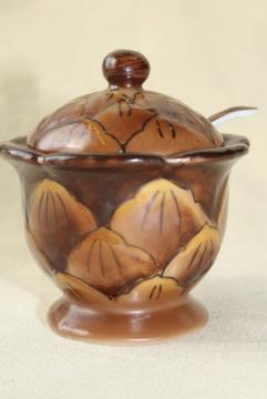catalog photo of tiny china jam pot, little brown pinecone jar w/ spoon hand painted Made in Japan