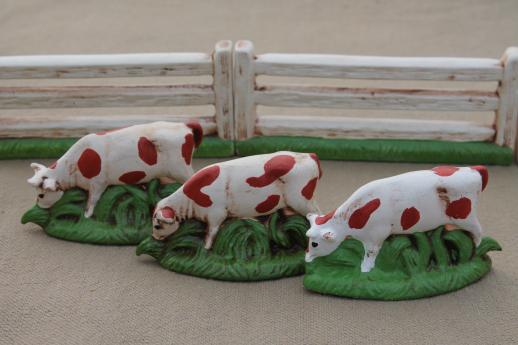 photo of tiny cows & farm fence for putz scene, vintage chalkware figures, miniature dairy herd #5