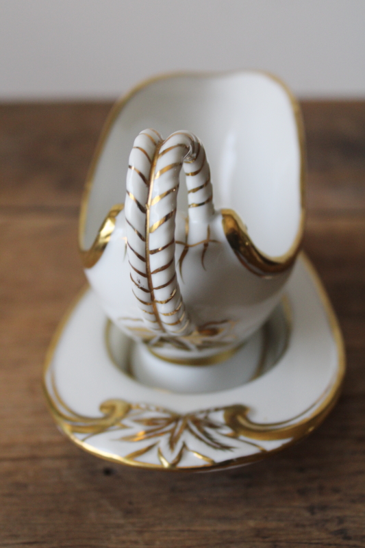 photo of tiny elegant vintage porcelain gravy boat or sauce pitcher w/ dish, white w/ gold #2