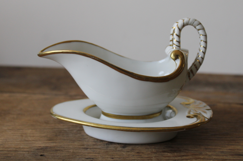 photo of tiny elegant vintage porcelain gravy boat or sauce pitcher w/ dish, white w/ gold #3