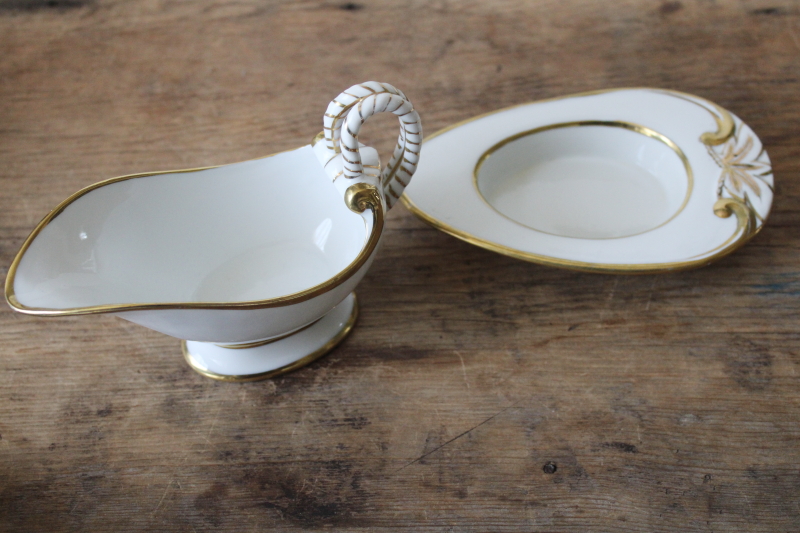 photo of tiny elegant vintage porcelain gravy boat or sauce pitcher w/ dish, white w/ gold #4