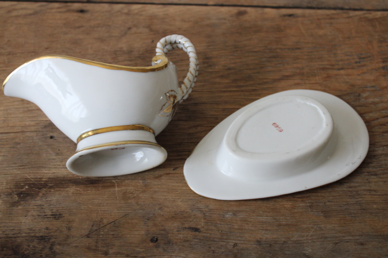 photo of tiny elegant vintage porcelain gravy boat or sauce pitcher w/ dish, white w/ gold #5