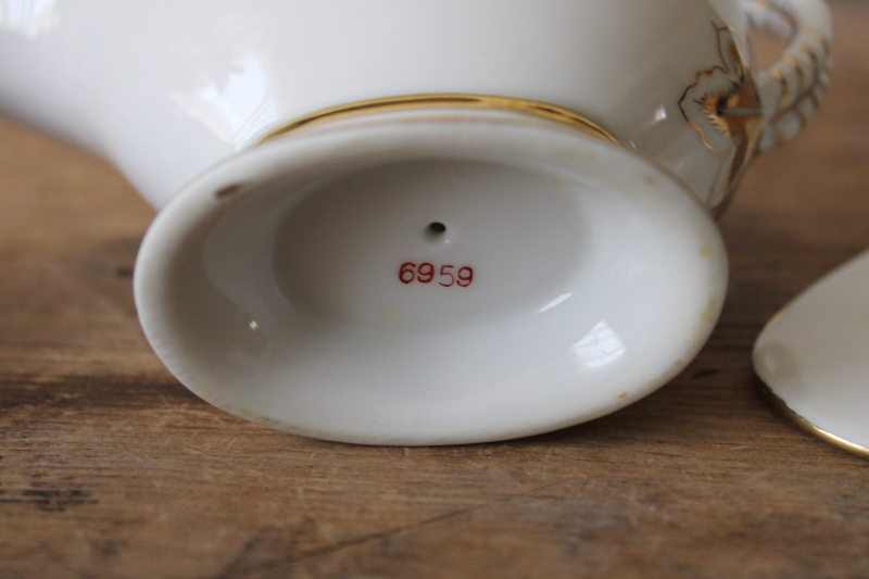 photo of tiny elegant vintage porcelain gravy boat or sauce pitcher w/ dish, white w/ gold #6