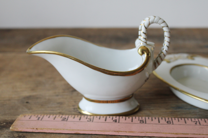 photo of tiny elegant vintage porcelain gravy boat or sauce pitcher w/ dish, white w/ gold #7