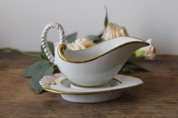 catalog photo of tiny elegant vintage porcelain gravy boat or sauce pitcher w/ dish, white w/ gold 
