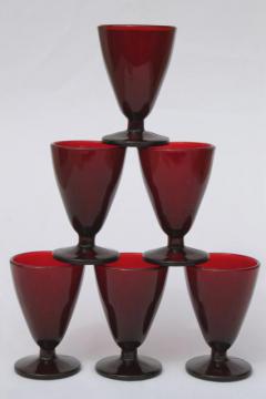 catalog photo of tiny footed glasses vintage Anchor Hocking royal ruby red glass wine glasses