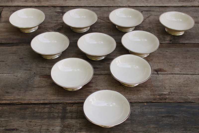 photo of tiny footed sauce dishes or finger bowls vintage Japan fine china, Lenox style ivory porcelain w/ platinum silver band  #5