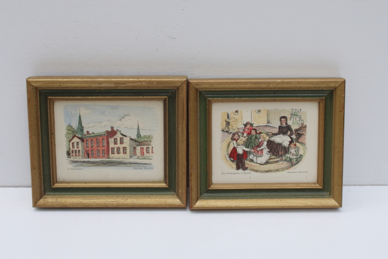 photo of tiny framed prints Old World Houses, First Kindergarten Watertown Wisconsin vintage art #1