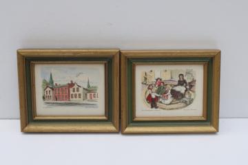catalog photo of tiny framed prints Old World Houses, First Kindergarten Watertown Wisconsin vintage art 