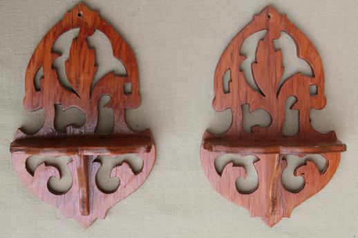 photo of tiny fretwork wood wall shelves, vintage cottage gingerbread style wooden shelf set #1