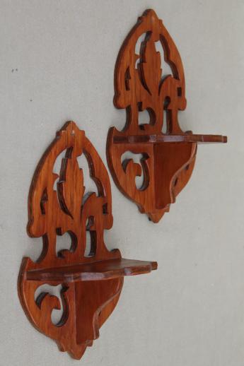 photo of tiny fretwork wood wall shelves, vintage cottage gingerbread style wooden shelf set #2