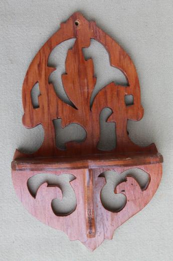 photo of tiny fretwork wood wall shelves, vintage cottage gingerbread style wooden shelf set #3