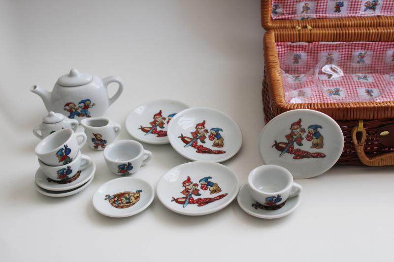 photo of tiny gnomes vintage china tea set doll dishes in child's size picnic hamper basket #1