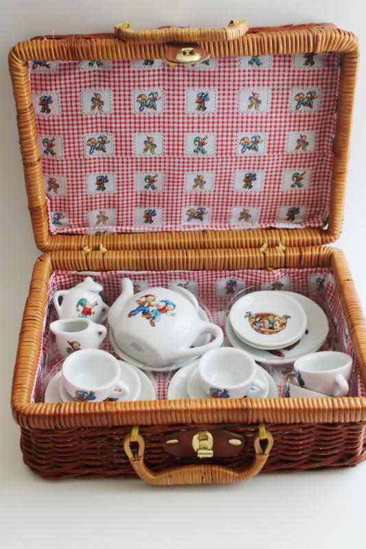 photo of tiny gnomes vintage china tea set doll dishes in child's size picnic hamper basket #4