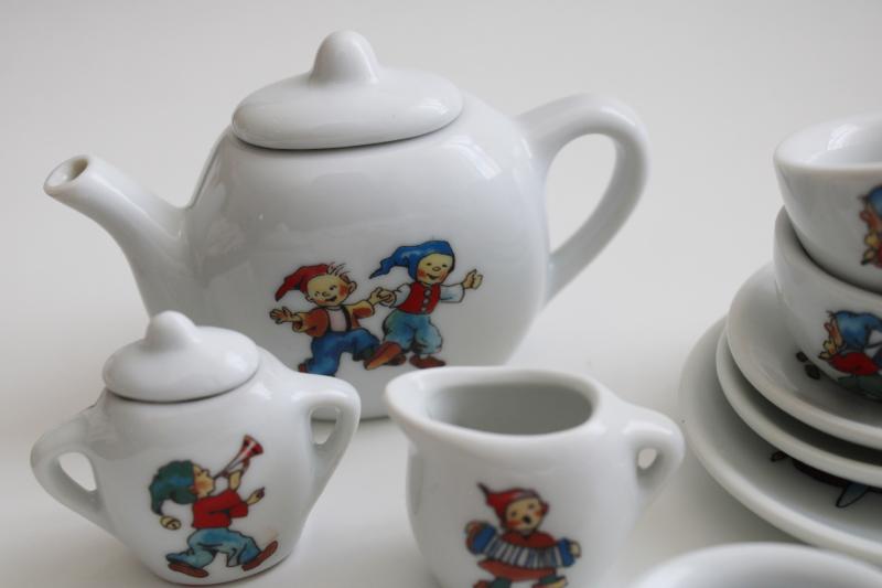photo of tiny gnomes vintage china tea set doll dishes in child's size picnic hamper basket #9