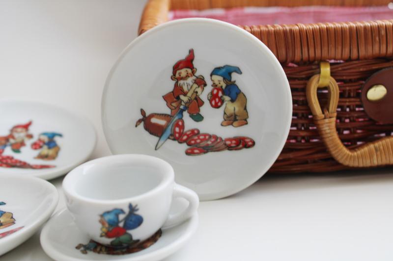 photo of tiny gnomes vintage china tea set doll dishes in child's size picnic hamper basket #11