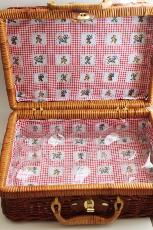 photo of tiny gnomes vintage china tea set doll dishes in child's size picnic hamper basket #13
