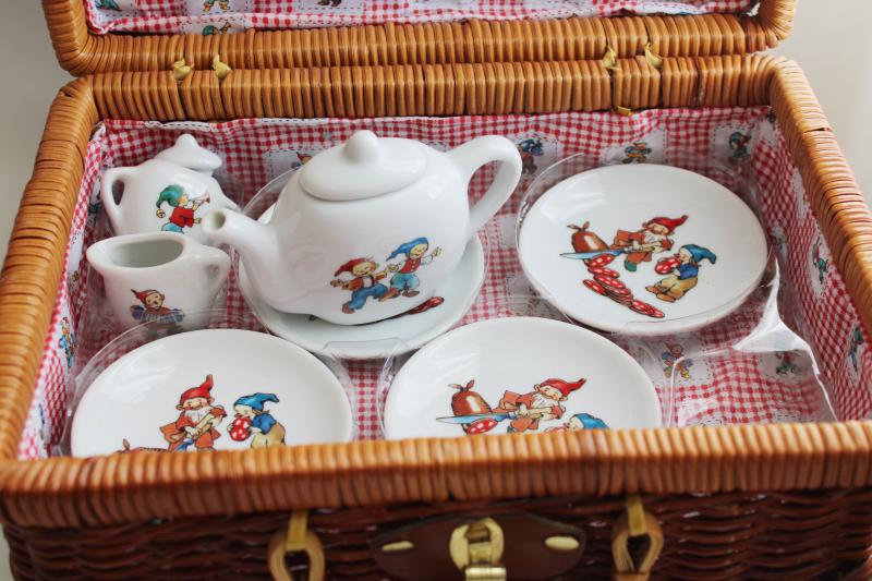 photo of tiny gnomes vintage china tea set doll dishes in child's size picnic hamper basket #14