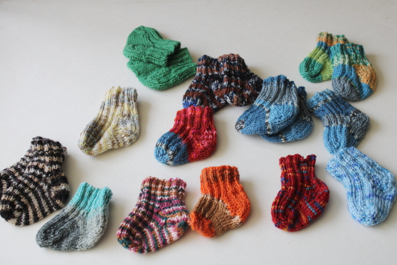 photo of tiny hand knitted socks lot singles and pairs, handmade stockings or ornaments for hanging, garland etc  #1