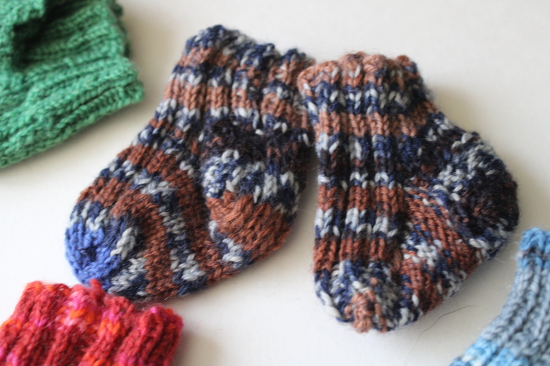 photo of tiny hand knitted socks lot singles and pairs, handmade stockings or ornaments for hanging, garland etc #4
