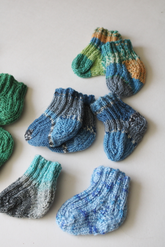 photo of tiny hand knitted socks lot singles and pairs, handmade stockings or ornaments for hanging, garland etc #5