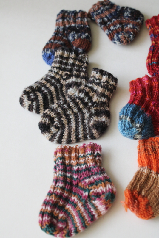 photo of tiny hand knitted socks lot singles and pairs, handmade stockings or ornaments for hanging, garland etc #7