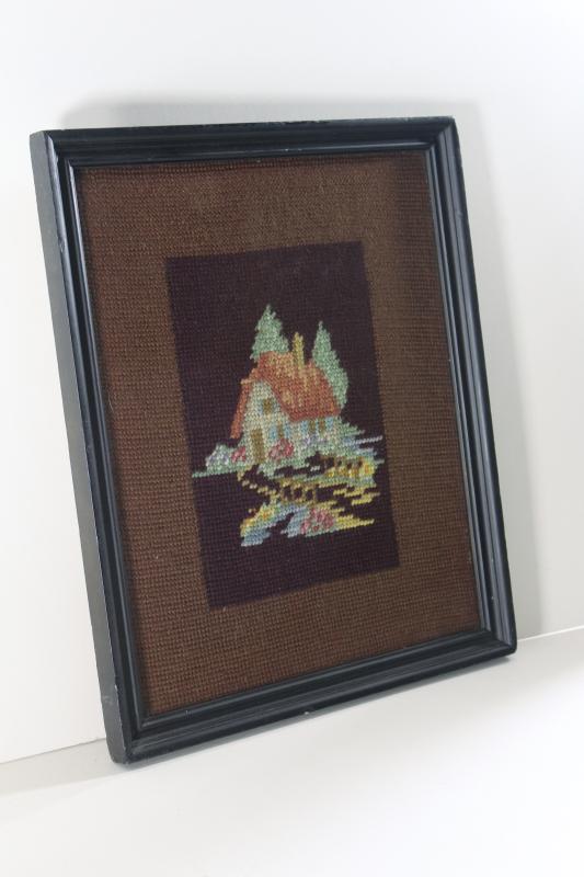 photo of tiny house cottage hand stitched needlepoint, framed vintage needlework #1