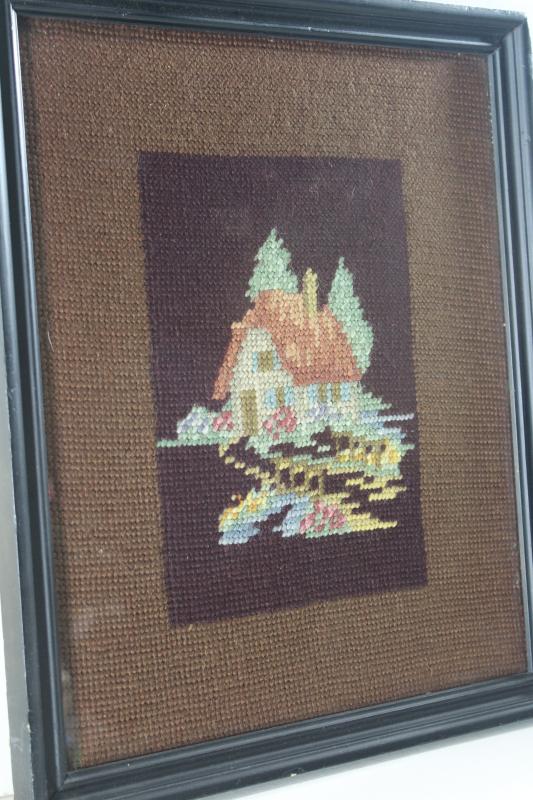 photo of tiny house cottage hand stitched needlepoint, framed vintage needlework #2