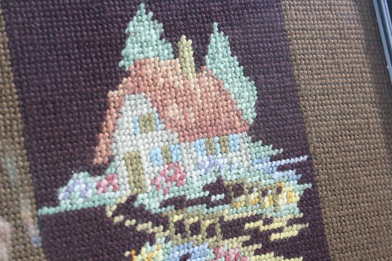 photo of tiny house cottage hand stitched needlepoint, framed vintage needlework #3