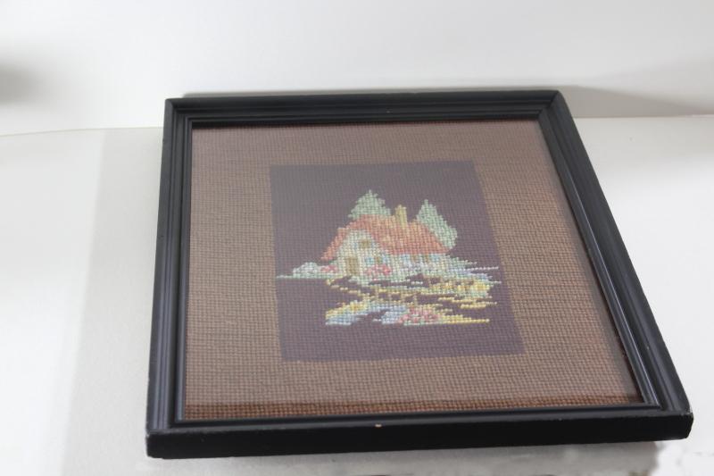 photo of tiny house cottage hand stitched needlepoint, framed vintage needlework #8