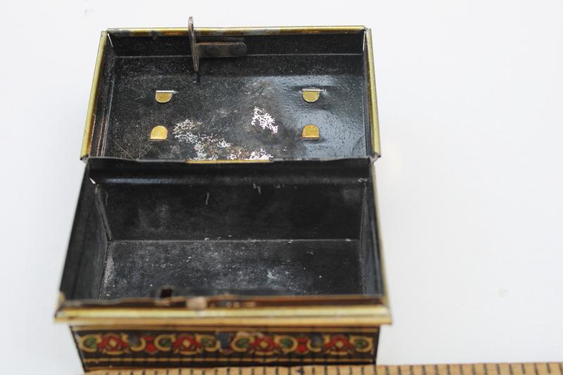 photo of tiny metal document box, vintage Czech litho print toleware trinket box w/ lock, no key #2