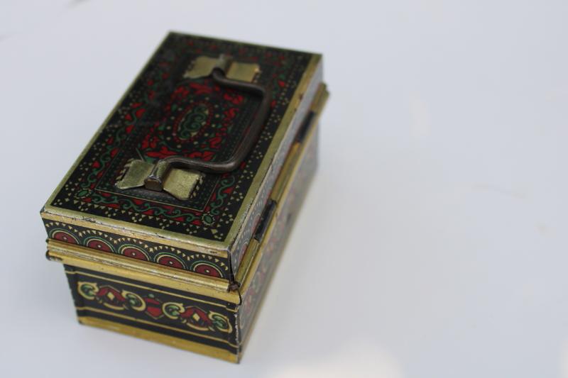 photo of tiny metal document box, vintage Czech litho print toleware trinket box w/ lock, no key #4