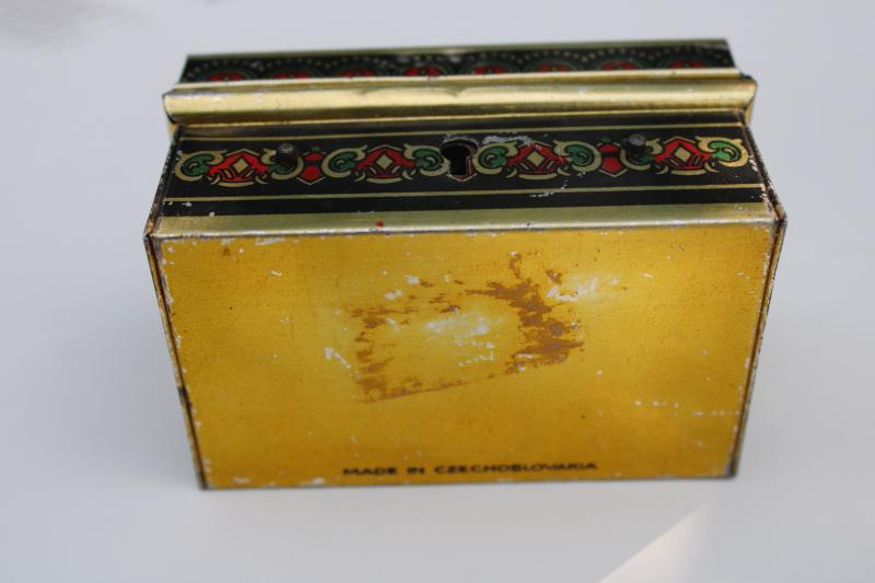 photo of tiny metal document box, vintage Czech litho print toleware trinket box w/ lock, no key #5