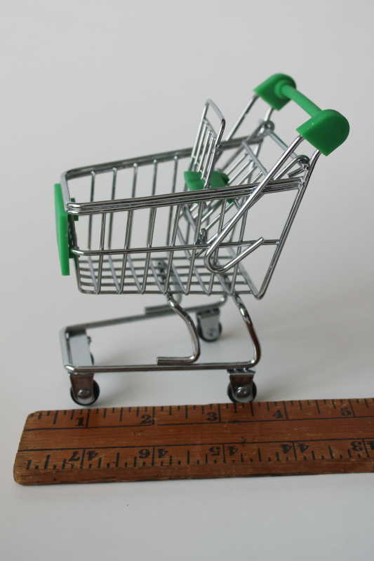 photo of tiny metal shopping cart, doll sized toy grocery cart w/ real wheels, green handle  #1