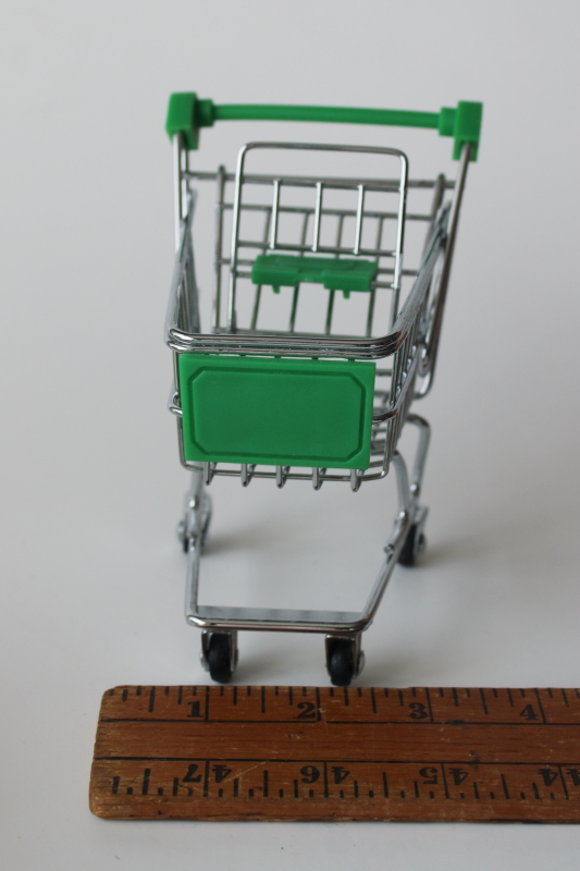 photo of tiny metal shopping cart, doll sized toy grocery cart w/ real wheels, green handle  #2