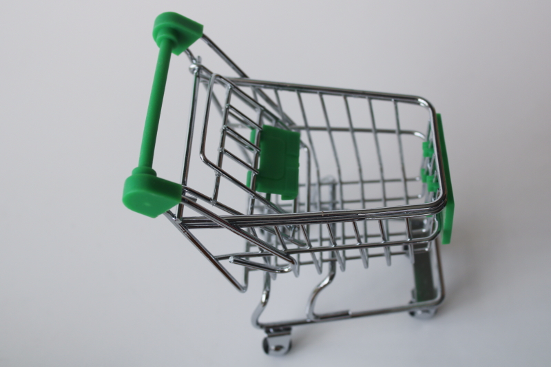 photo of tiny metal shopping cart, doll sized toy grocery cart w/ real wheels, green handle  #3