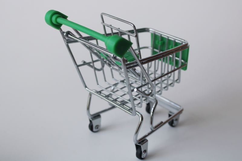 photo of tiny metal shopping cart, doll sized toy grocery cart w/ real wheels, green handle  #4