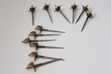 catalog photo of tiny metal swords mini skewers, 60s 70s vintage party picks hors doeuves servers