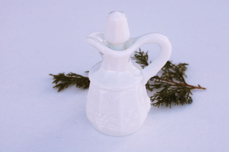 photo of tiny milk glass cruet pitcher w/ stopper, paneled grape pattern vintage Westmoreland glass #1