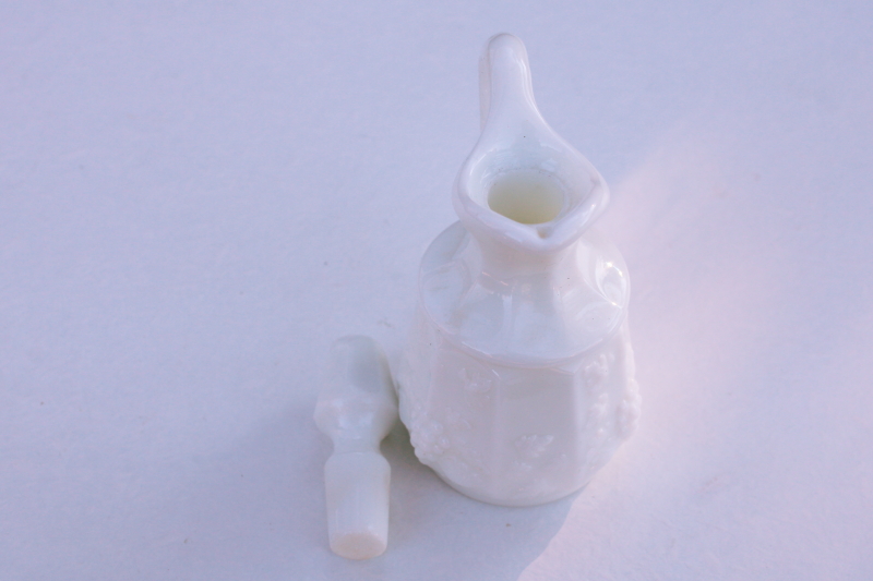 photo of tiny milk glass cruet pitcher w/ stopper, paneled grape pattern vintage Westmoreland glass #2