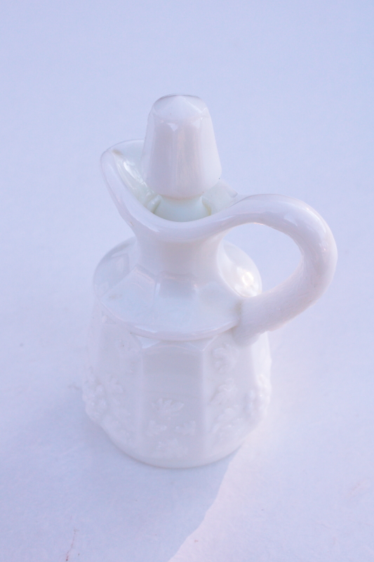 photo of tiny milk glass cruet pitcher w/ stopper, paneled grape pattern vintage Westmoreland glass #4