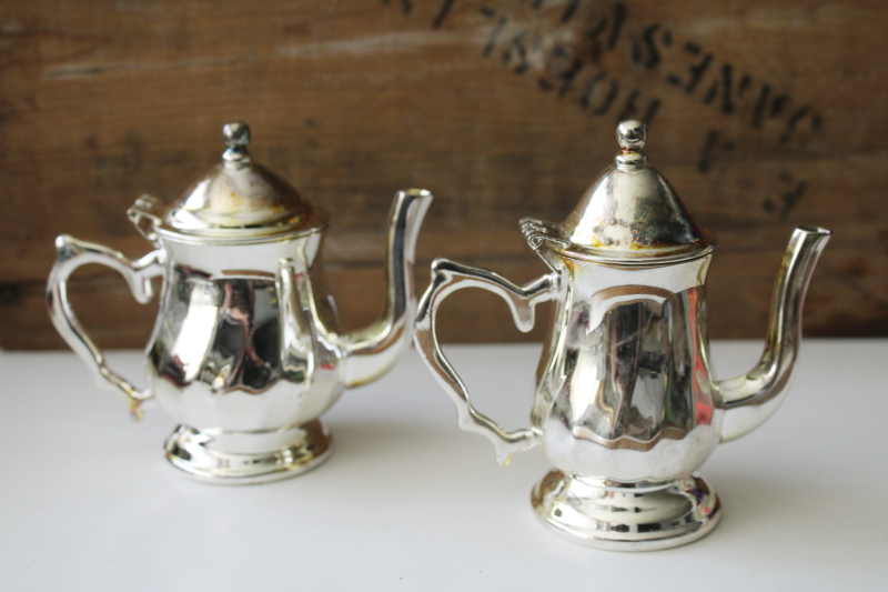 photo of tiny mini silver plated teapot and coffee pot, toy or doll size tea set dishes  #2