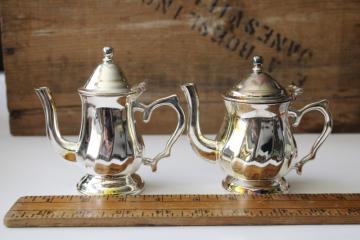 catalog photo of tiny mini silver plated teapot and coffee pot, toy or doll size tea set dishes 