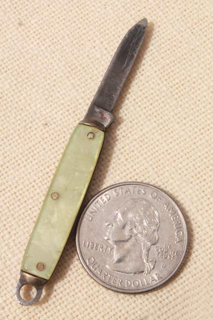 photo of tiny miniature pocket knife, vintage folding penknife mother of pearl shell #2