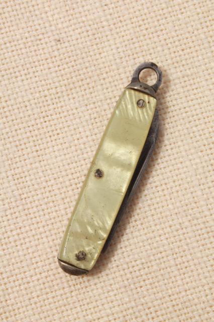 photo of tiny miniature pocket knife, vintage folding penknife mother of pearl shell #6